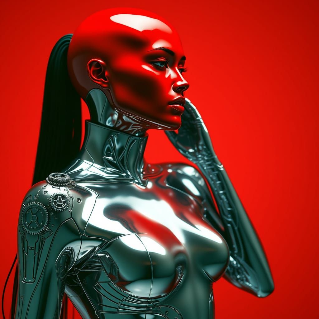 Biomechanical Goddess Transforms into Shimmering Metallic Be...