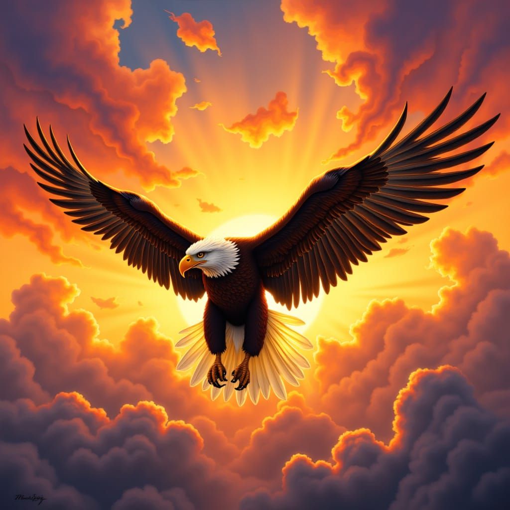 Eagle Soaring Through Vibrant Sunset Sky
