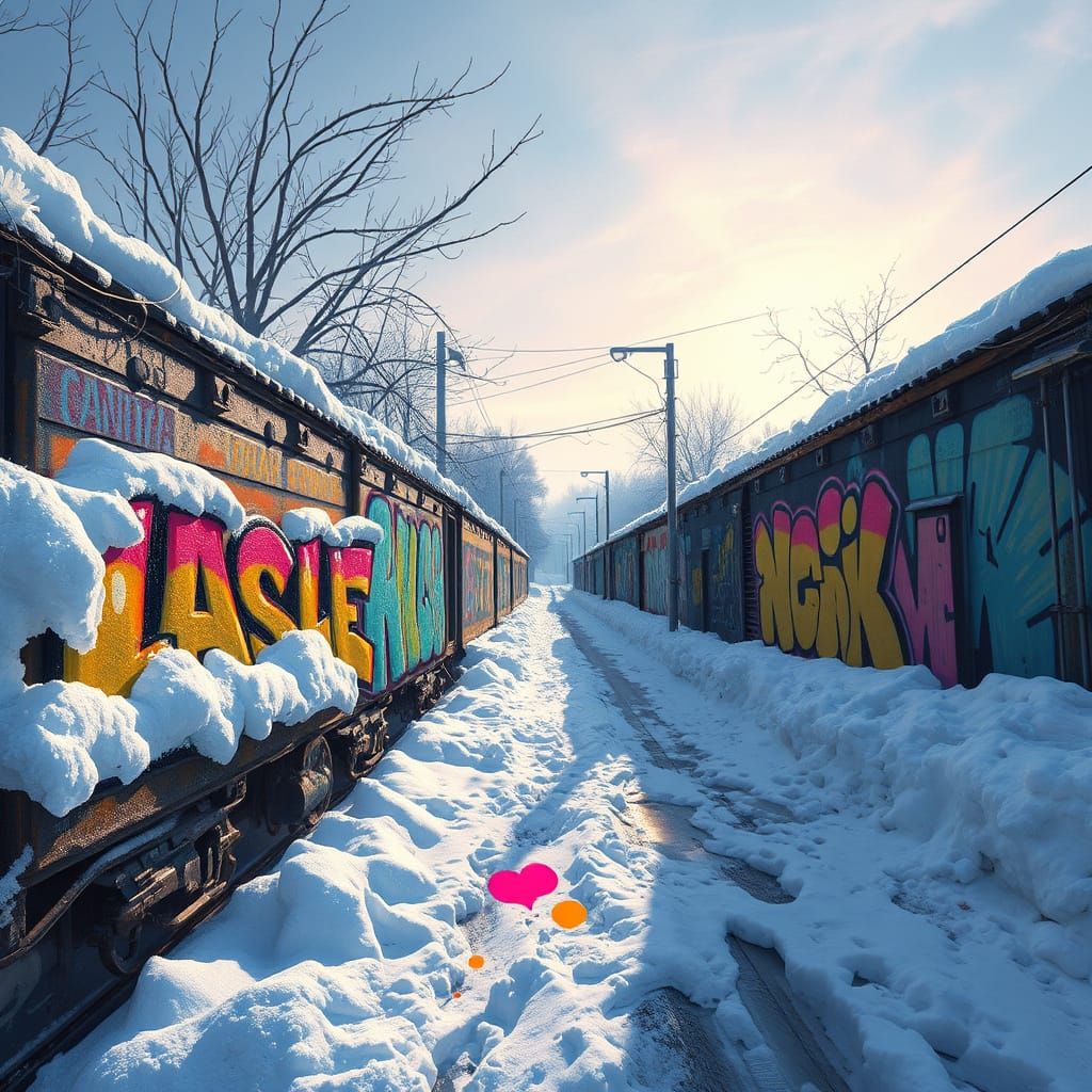 Graffiti Art in Winter Snow, Polychromatic Street Scene