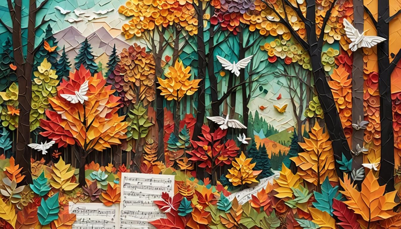 Vibrant Autumn Forest in Mixed Media Collage