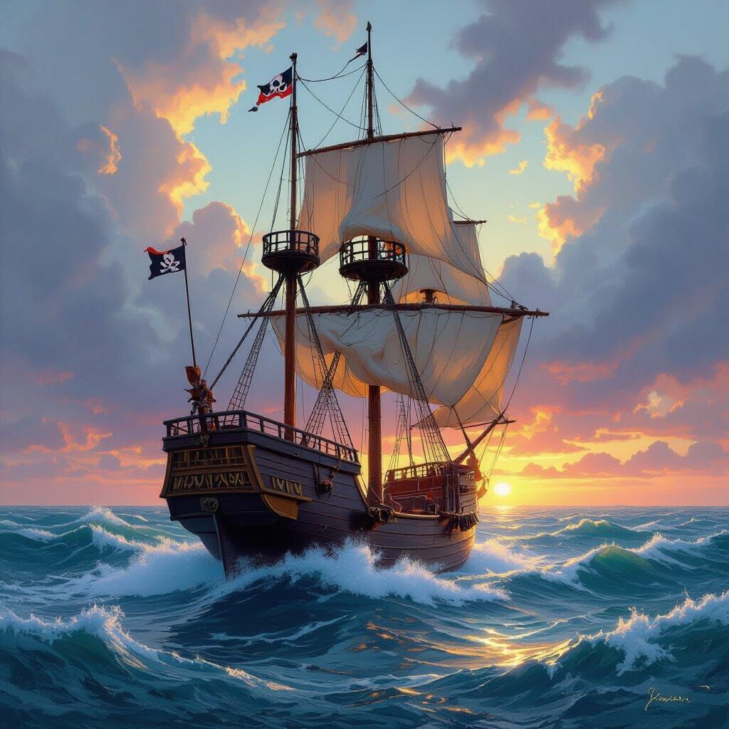 Pirate Ship on Turbulent Seas, Vivid Realism Style
