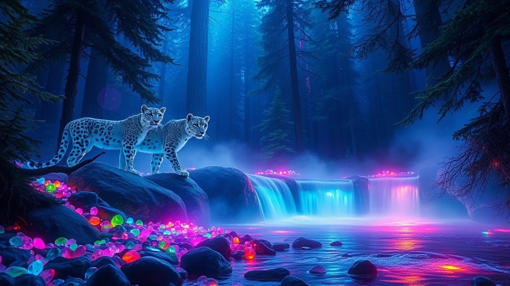 Dreamlike Forest Scene with Snow Leopards and Bioluminescent...