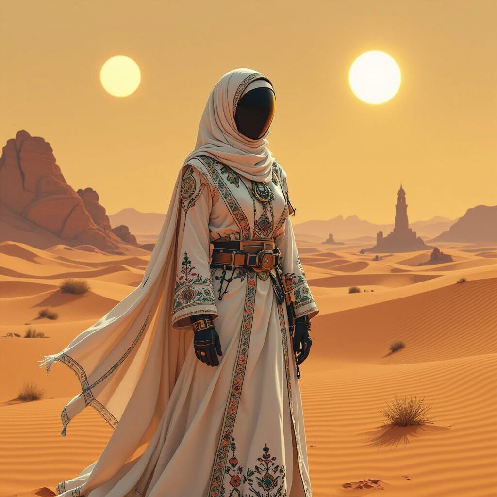 Arab Space Explorer on Desert Planet in Sci-Fi Style