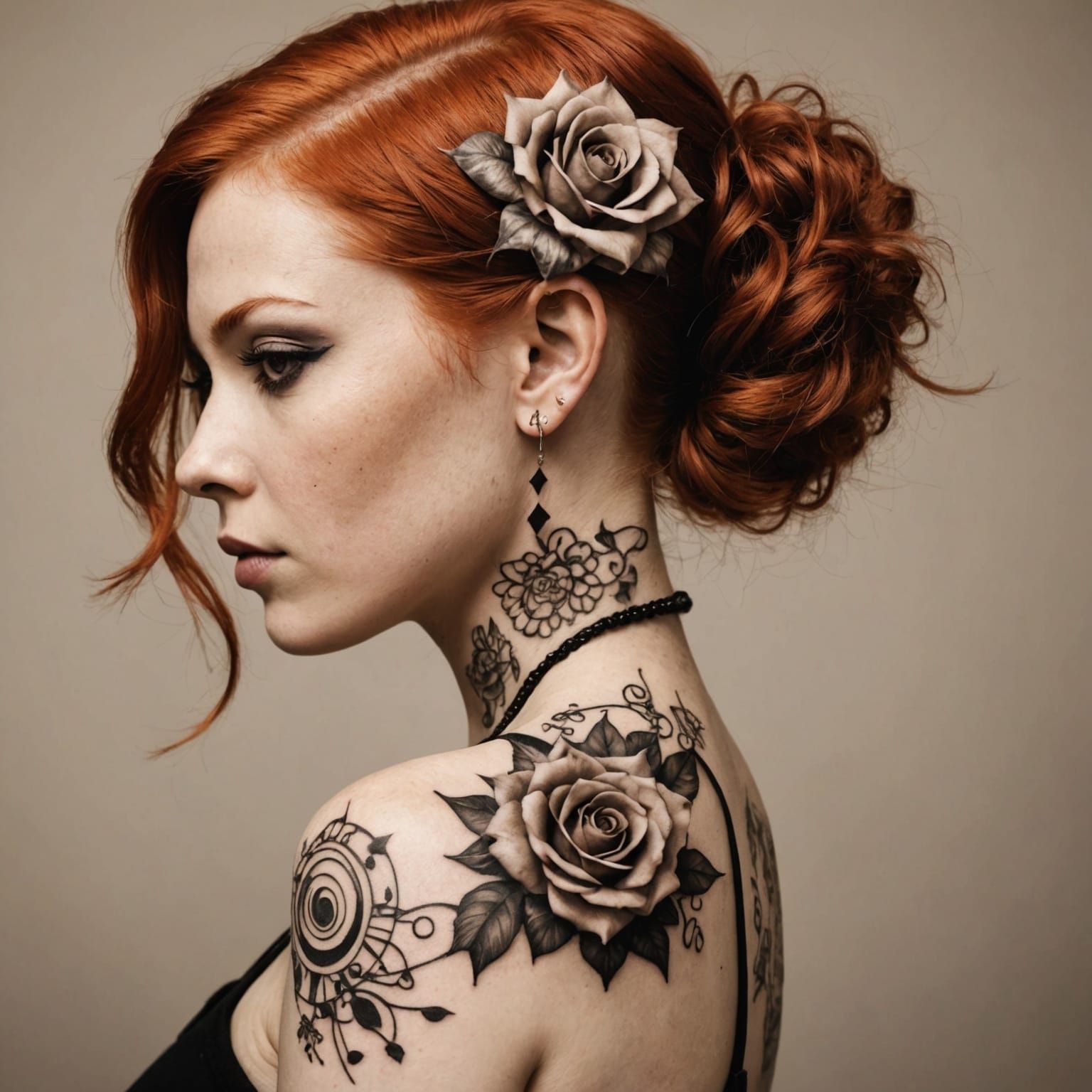 Sepia Portrait of Redhead Punk Woman with Tattoo