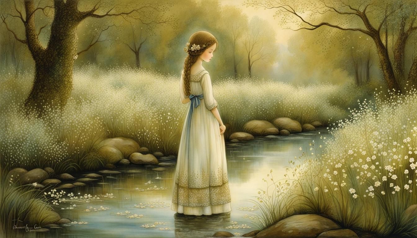 Spring Evening by Stream in Whimsical Style