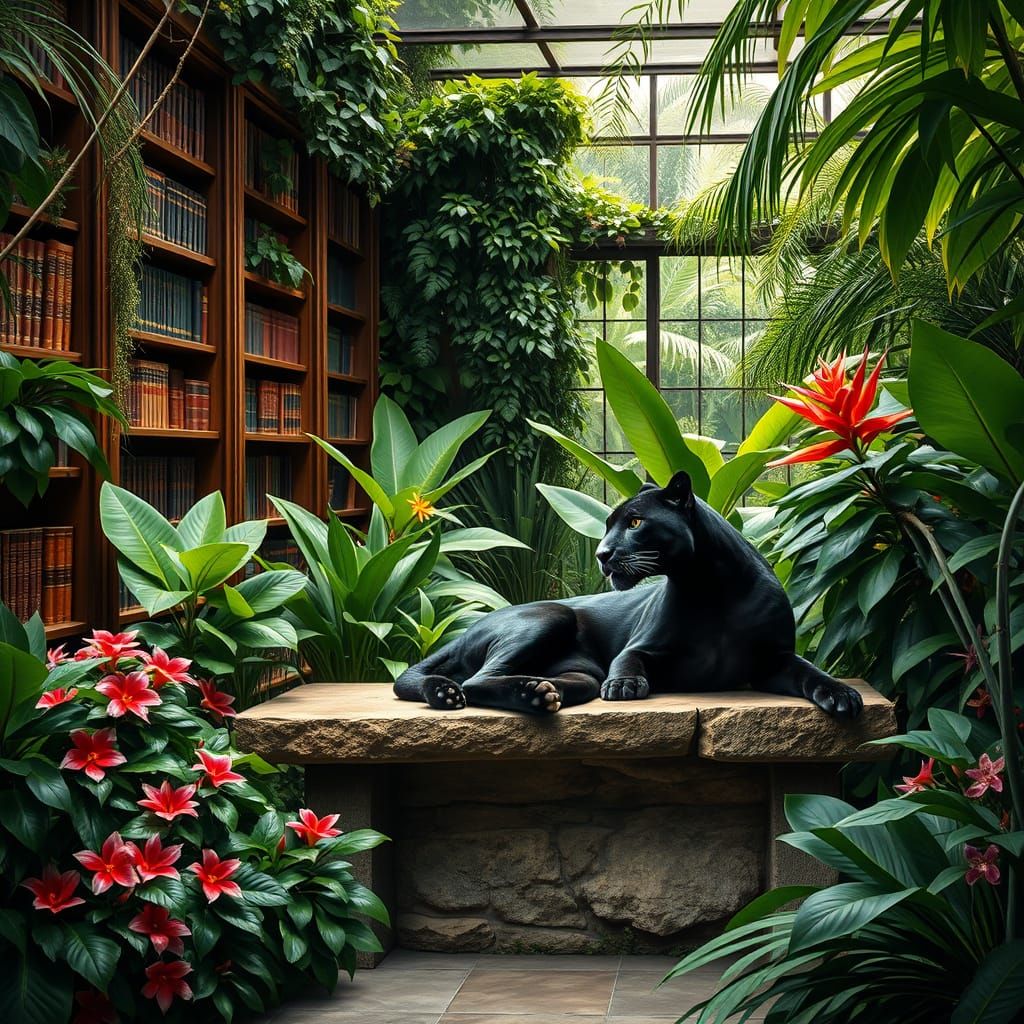 Black Jaguar in Lush Jungle Library, Rousseau Style