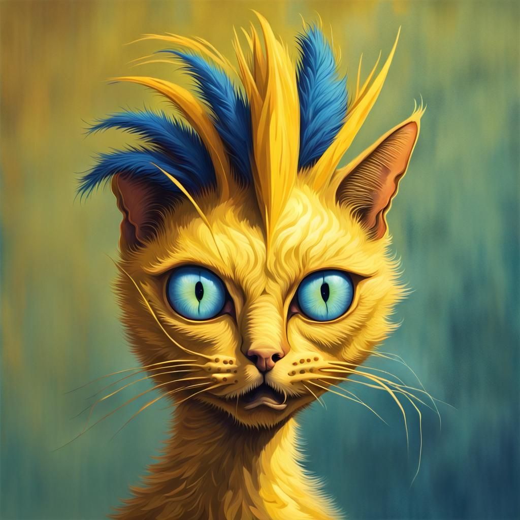 Surreal Cat with Mohawk and Blue Beak