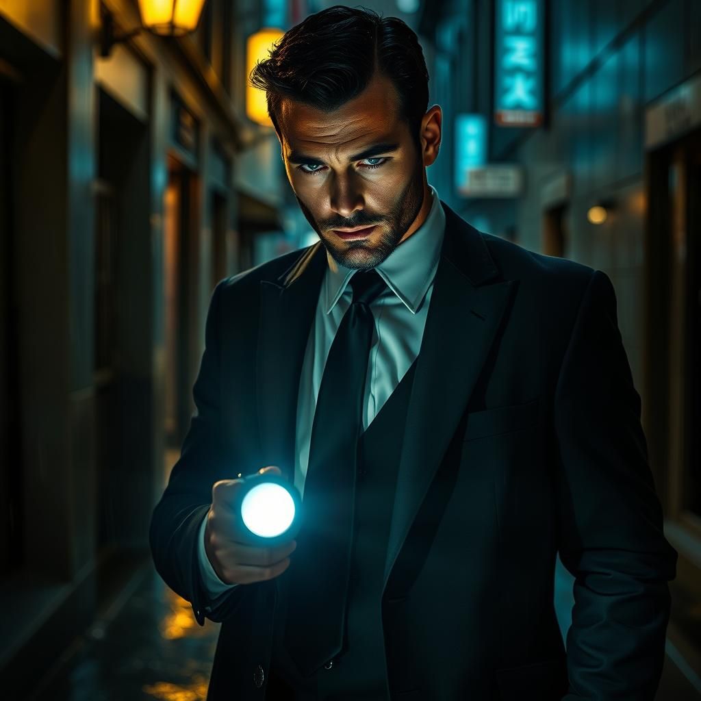 Noir Detective Investigates Crime Scene in Rainy City