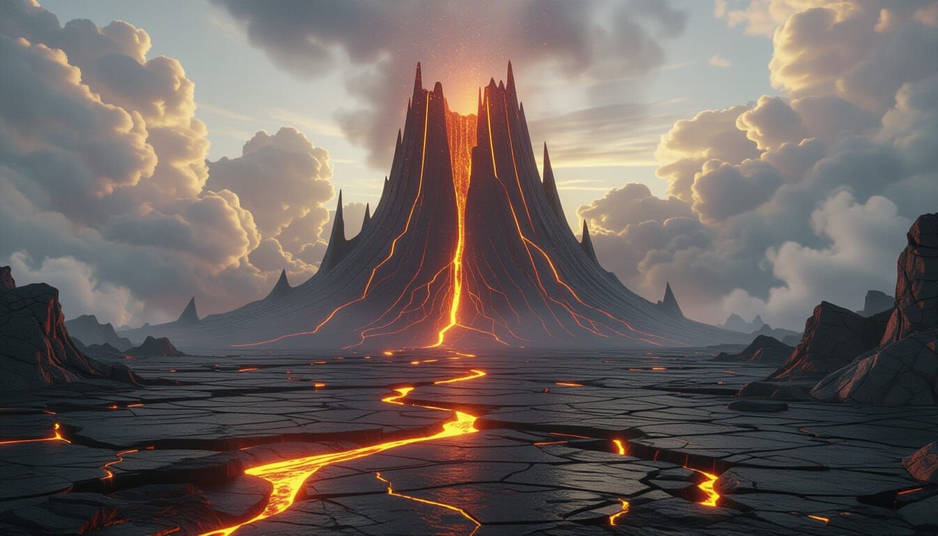 Colossal Volcanic Citadel Erupting Molten Light Over Wastela...