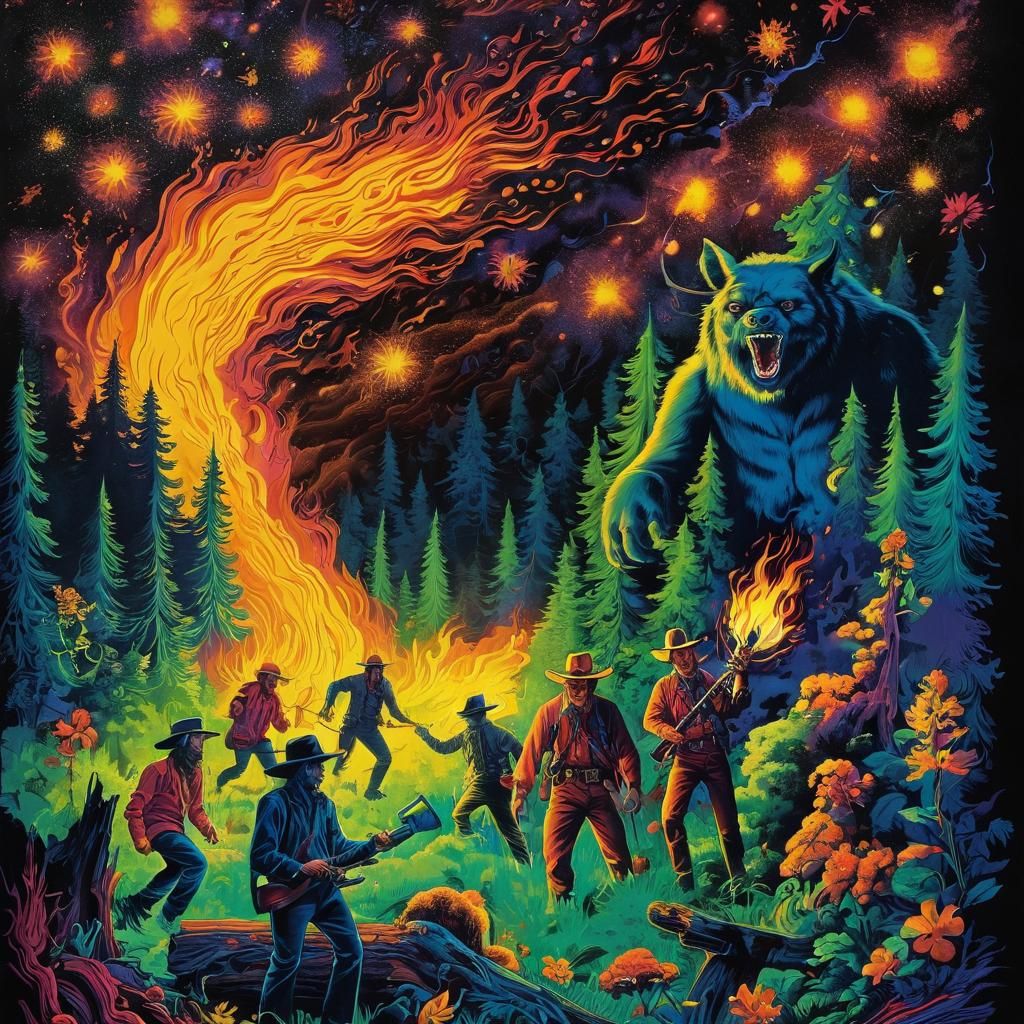 Psychedelic 70s Blacklight Poster: Forest Fire Escape