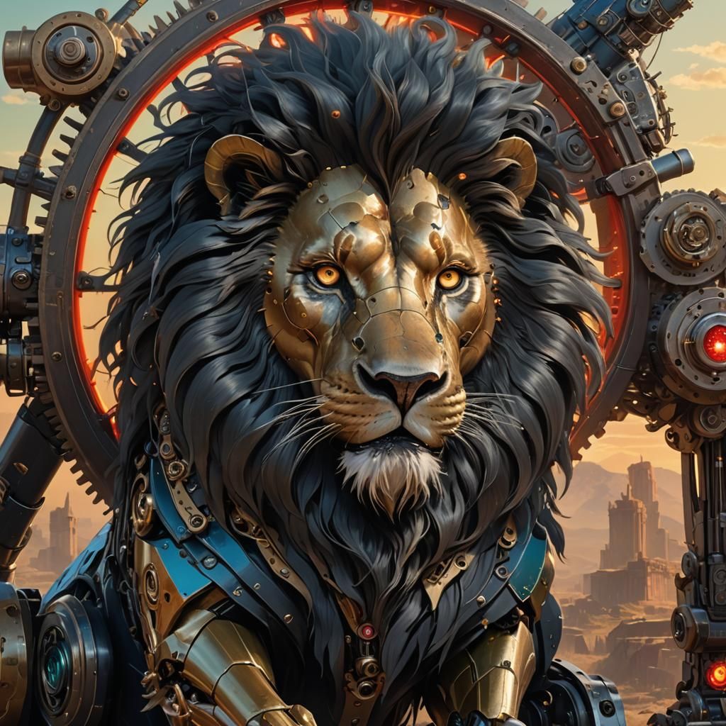 Mechanized Lion with Red Eye, Sci-Fi Illustration