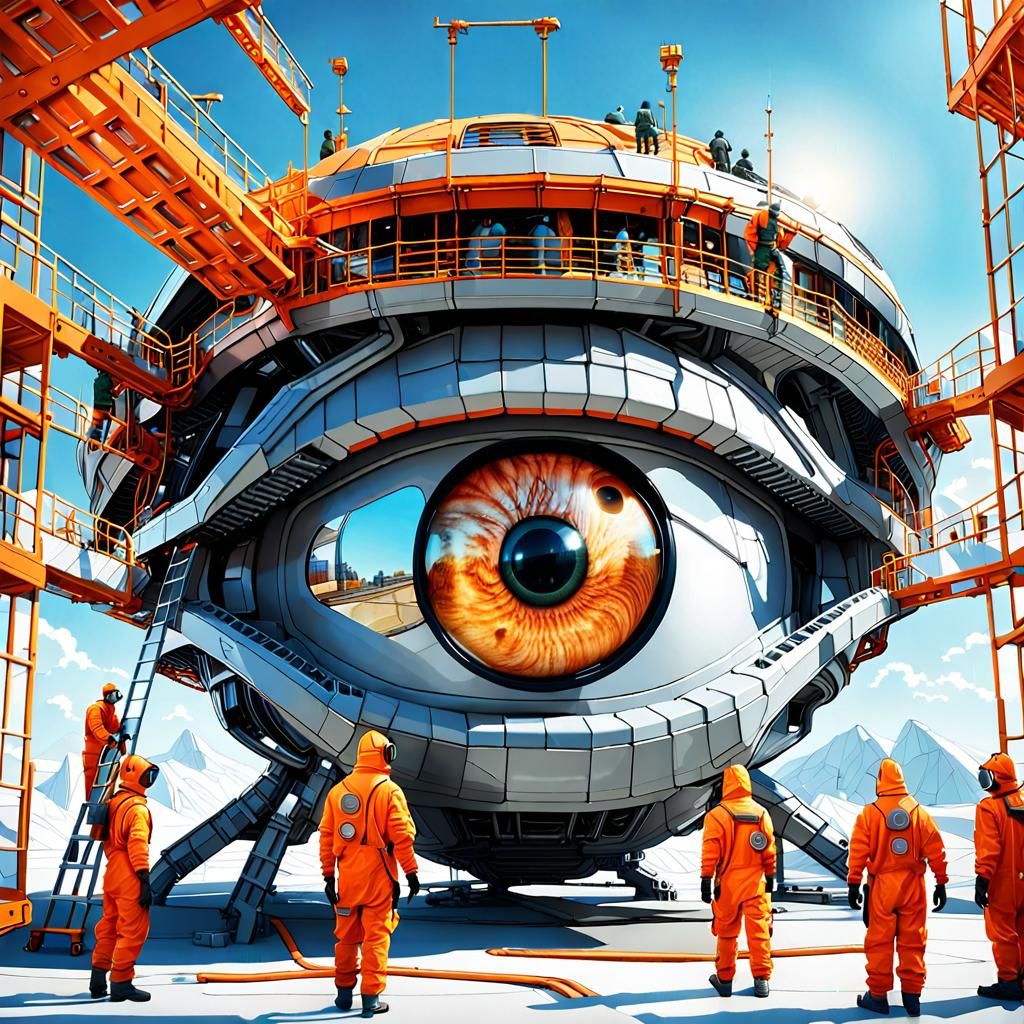 Colossal Biomechanical Eye in Sci-Fi Landscape