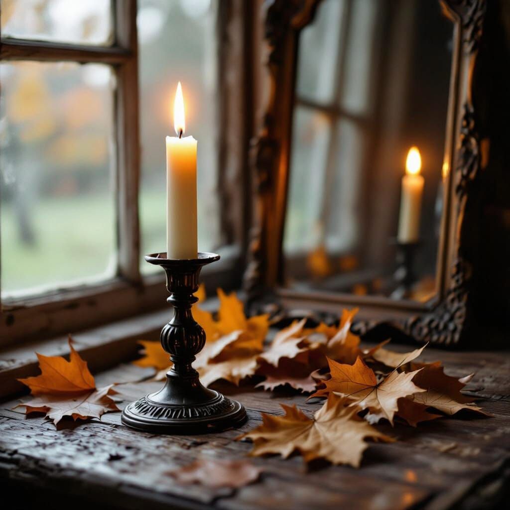 Warm Candle Glow on Autumn Leaves