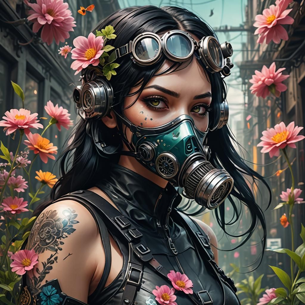 Cyberpunk Girl with Gasmask in Detailed Matte Painting