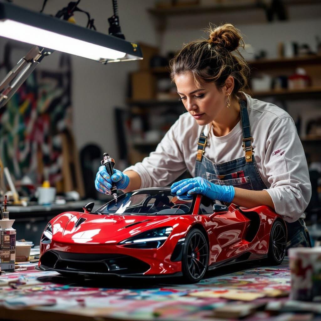 Artist Airbrushing a Red Sports Car, Hyperdetailed Pop Art