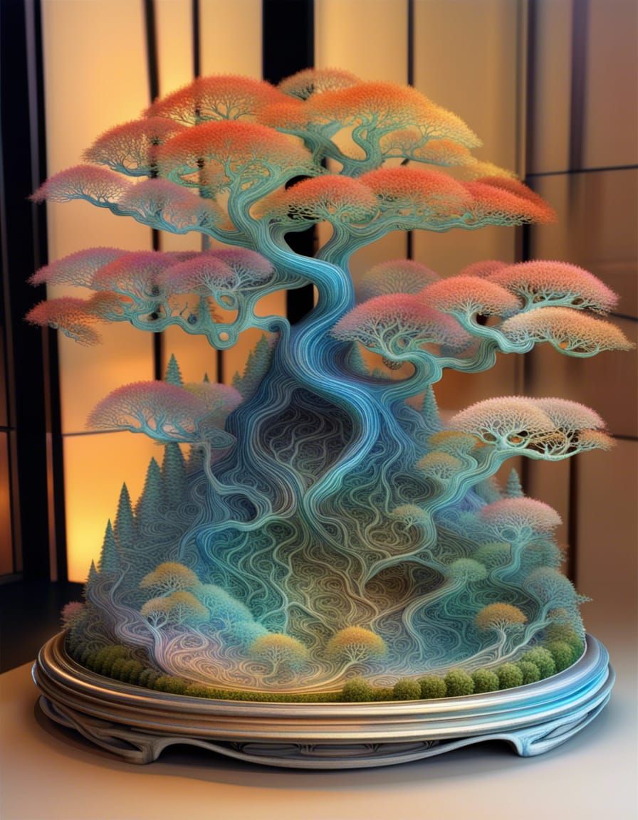 Crystal Fractal Bonsai Forest in Suminagashi Style
