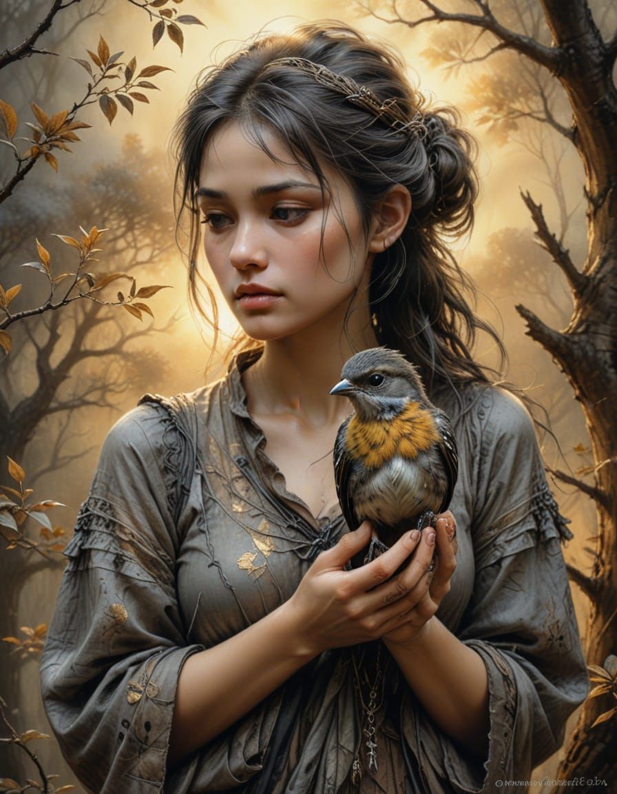 Ethereal Bird Held by Woman: Charcoal Drawing