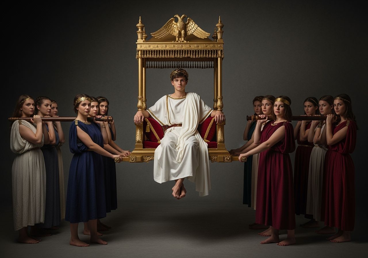 Young Emperor on Gold Litter Throne in Studio Lighting