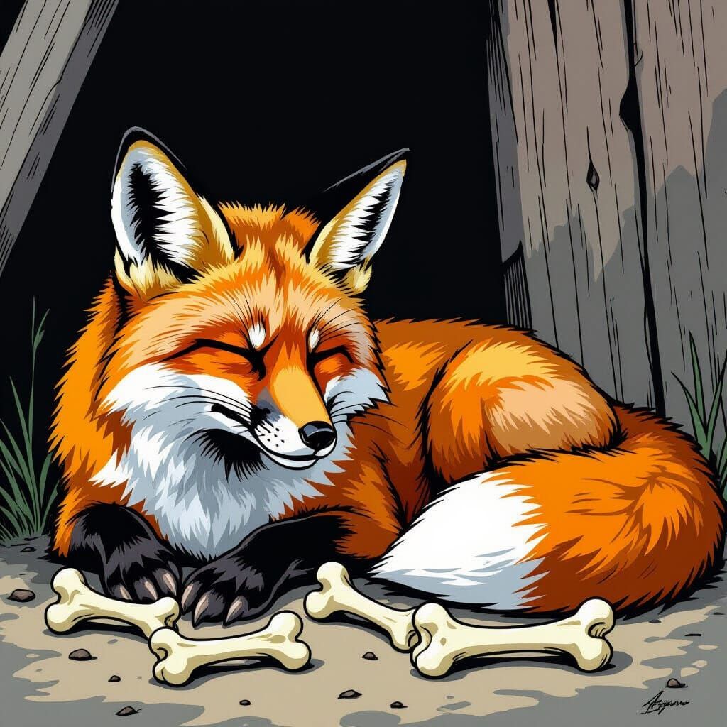 Fox Resting Near Chicken Bones: Comic Book Art