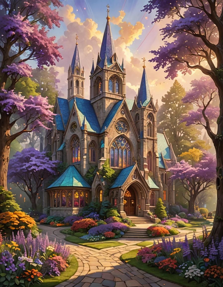 Fantasy Cathedral with Stained Glass and Flowers