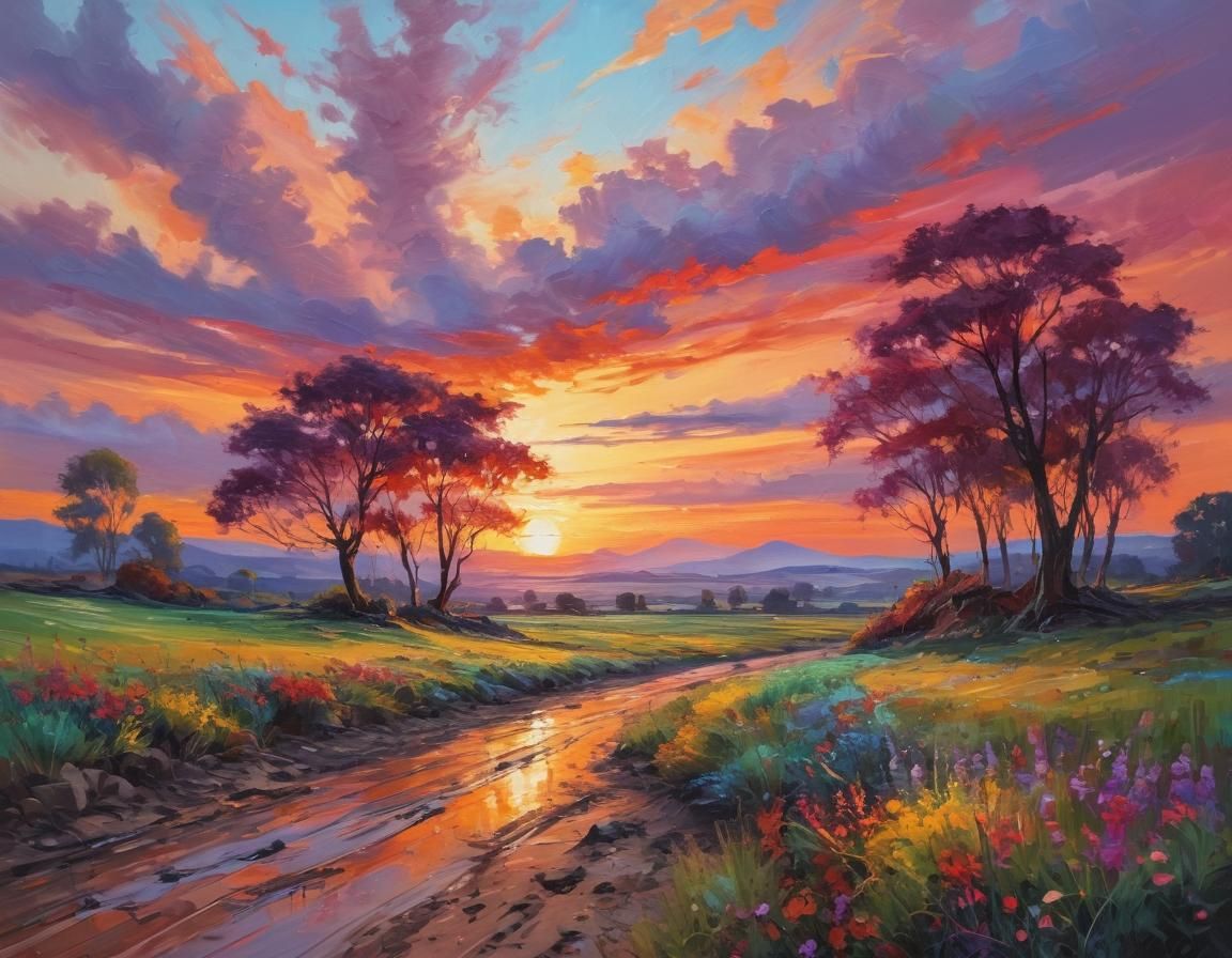 Vibrant Sunset Landscape in Expressionist Oil Painting