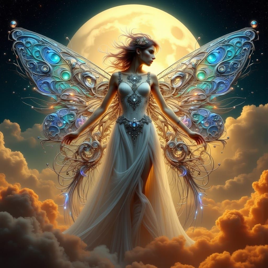 Glowing Celtic Cyborg Fairy in Dreamlike Art Nouveau Setting