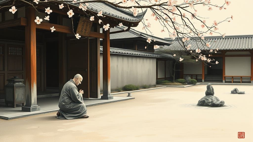 Serene Monk in Windswept Zen Garden as Woodblock Print