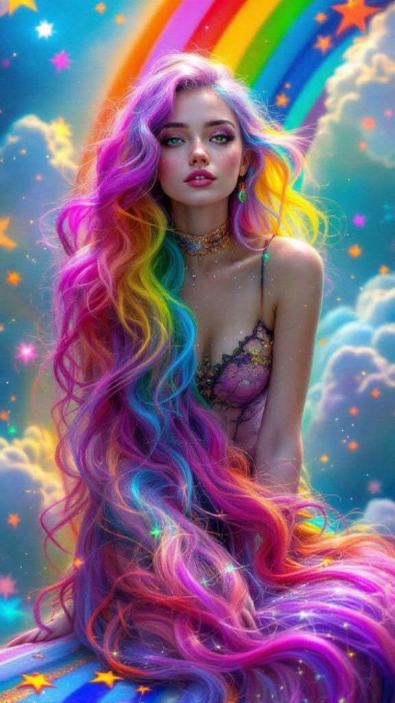 Rainbow Haired Woman on Rainbow in Pop Surrealist Style