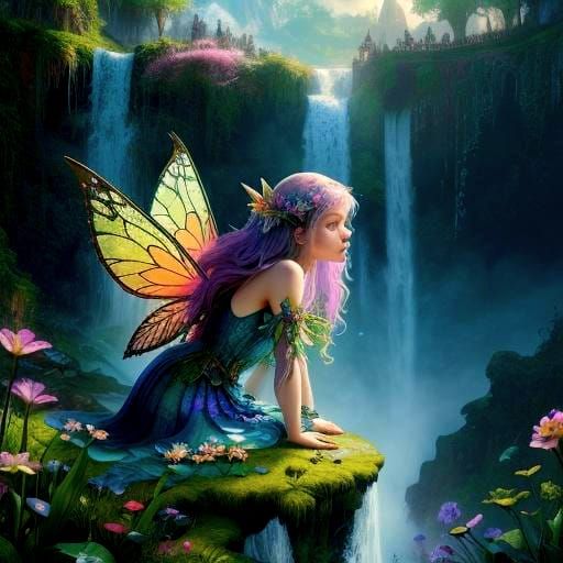 Detailed Fairies at Breathtaking Waterfall in Garden