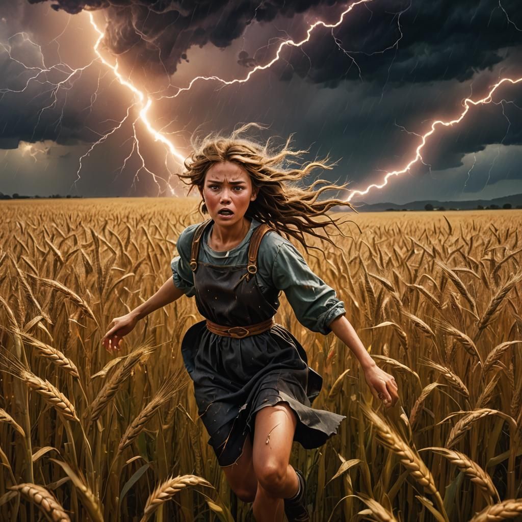 Girl Escapes Lightning in Wheat Field