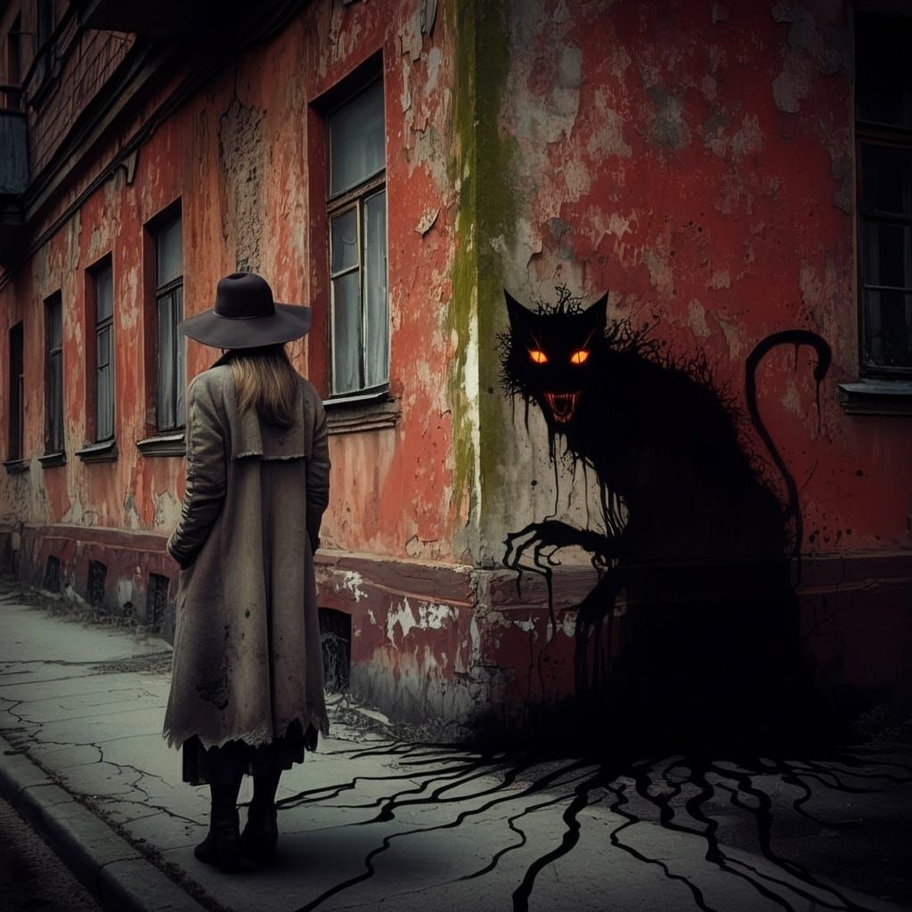 Gothic Horror Woman Faces Dark Feline Shadow