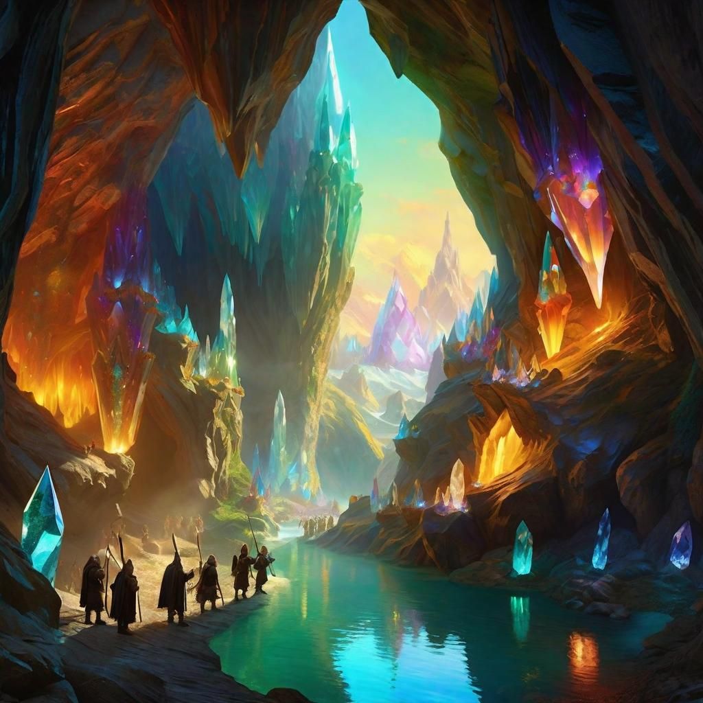 Dwarves Explore Iridescent Crystal Cave as Pin-Up Art
