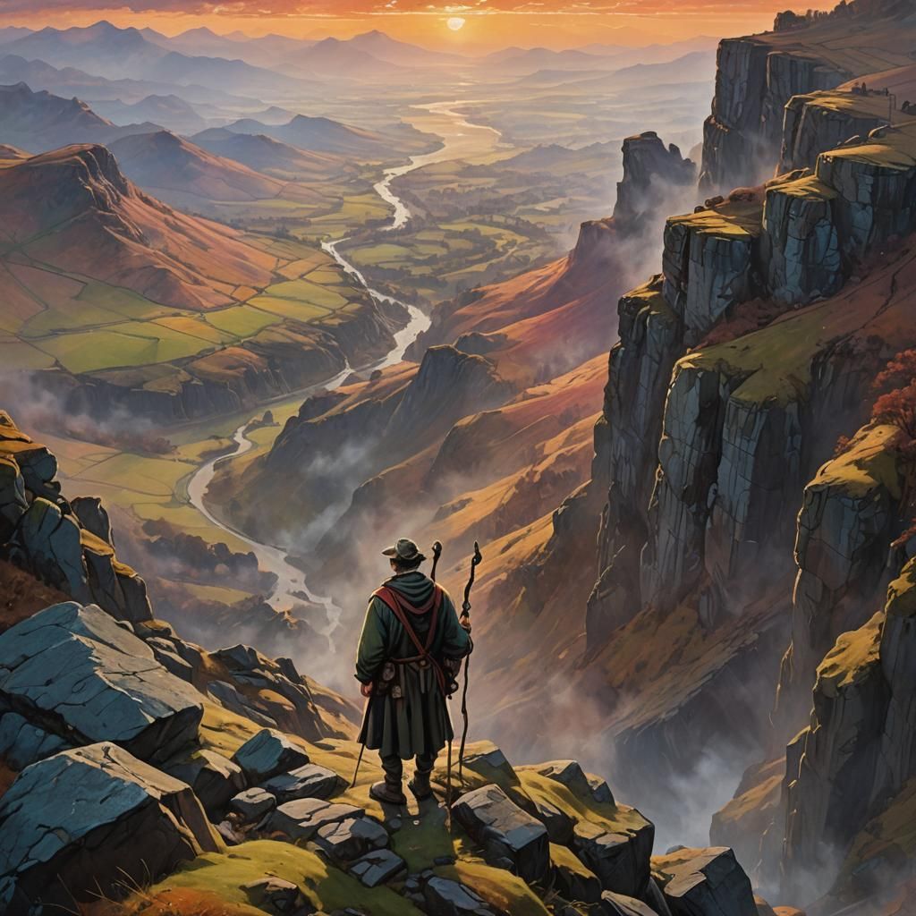 Mythical Shepherd Overlooks Dragons Breath: Oil Painting