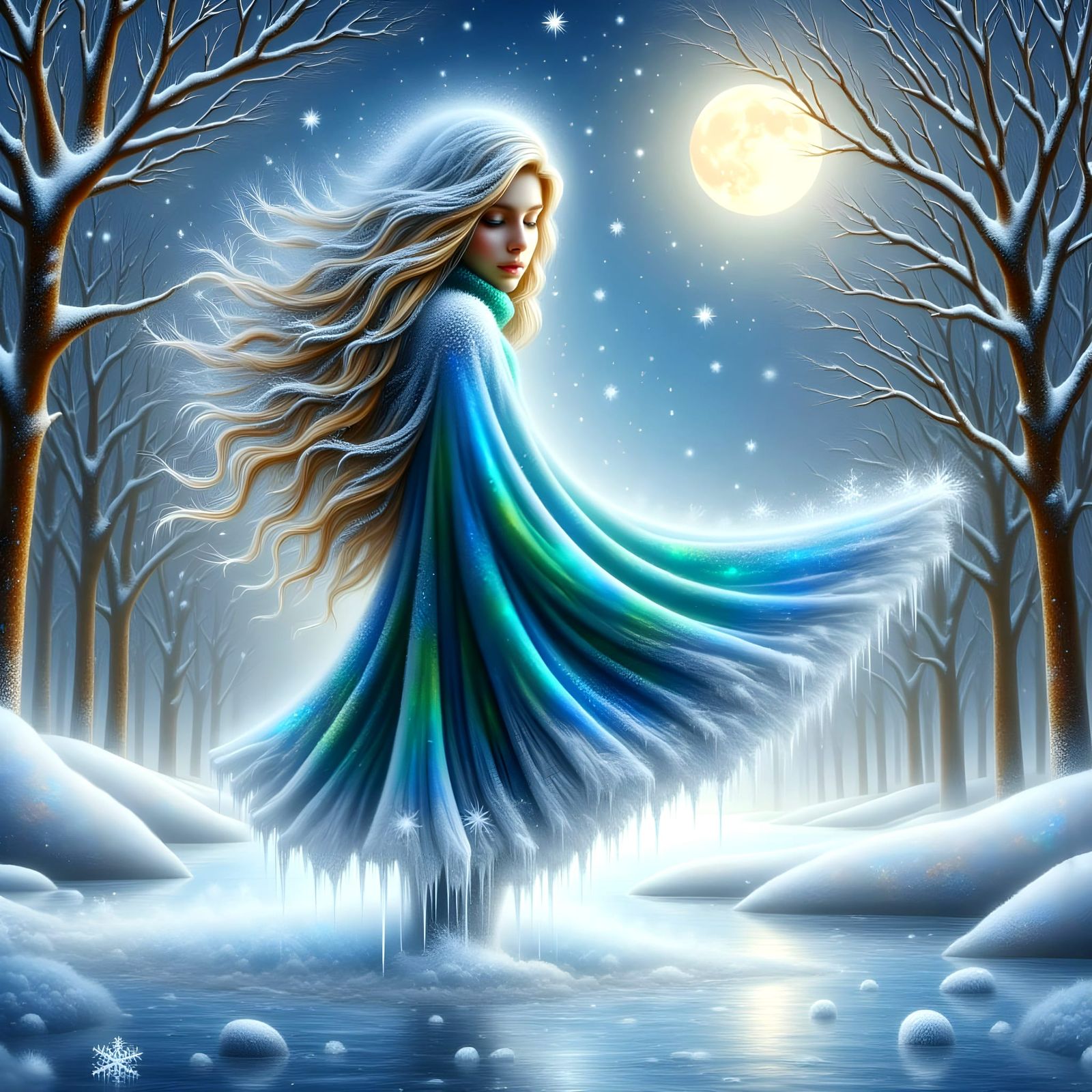 Woman in Aquamarine Cloak Ice Skating on Frozen Lake in Wint...