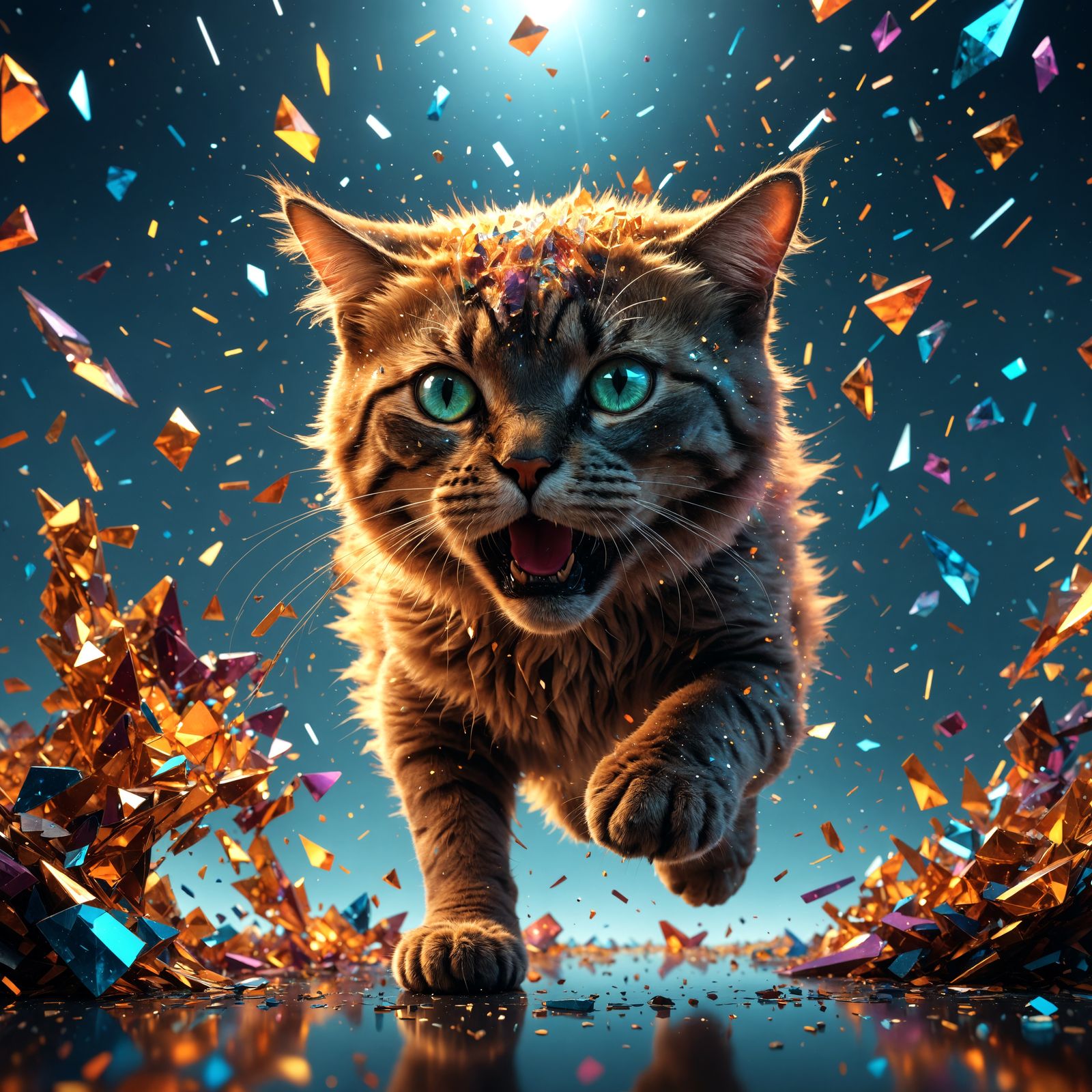 Crystalline cat leaping through a mirror shattering into thousands of pieces. Exploding. Sharp edges, high contrast, col...
