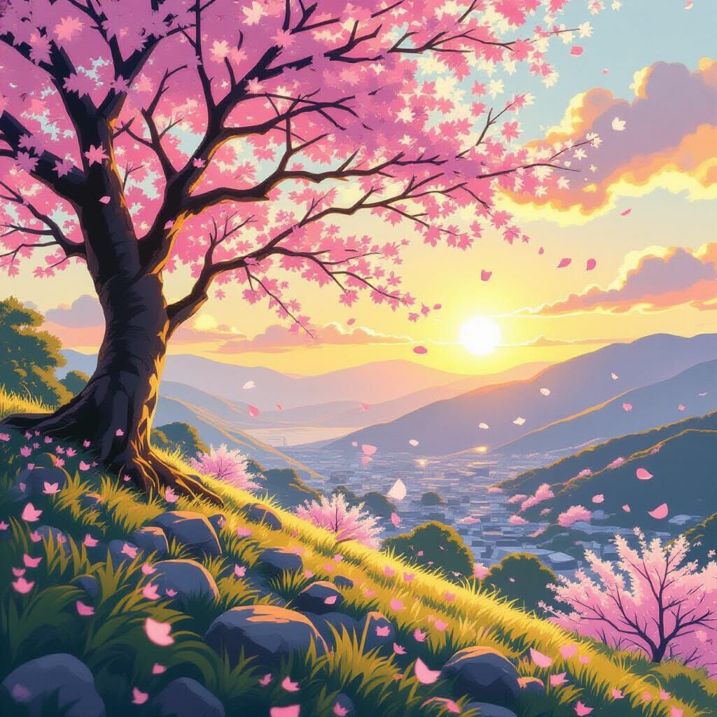 Golden Sunrise Over Kyoto Sakura Hillside Digital Painting