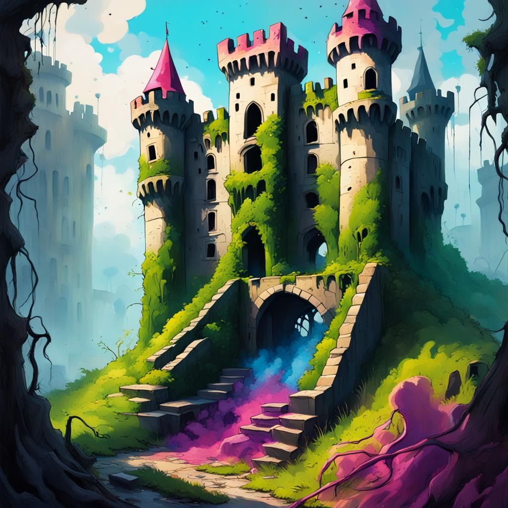 Castle Ruins in Forest, Graffiti Art Style