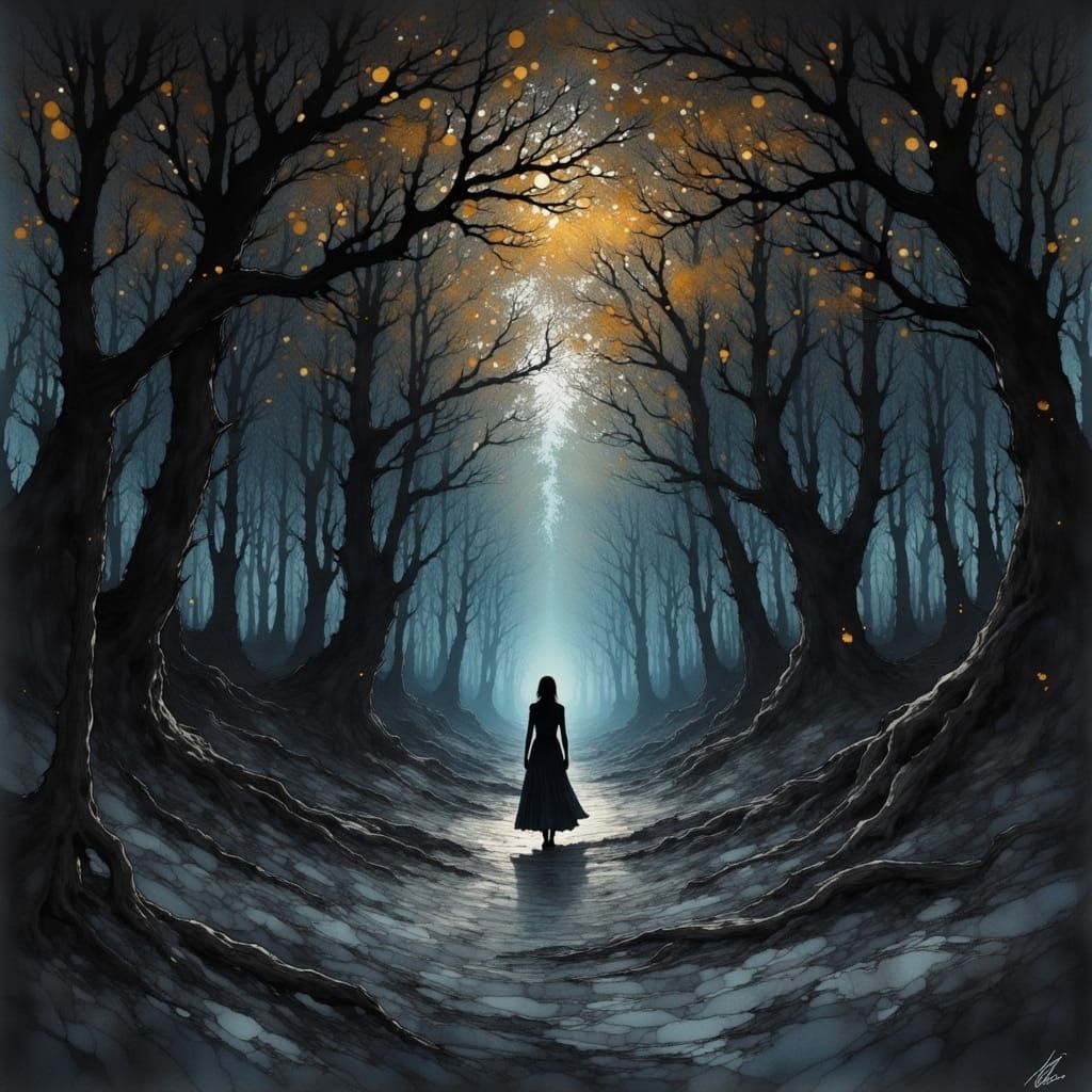 Solitary Figure in Ink Forest with Obsidian Ground