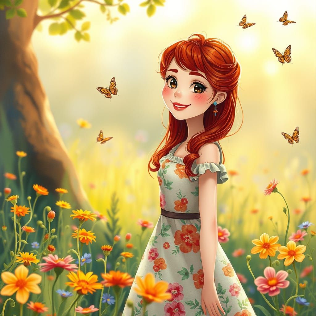 Red-Haired Woman in Meadow, Watercolor Art Nouveau Style