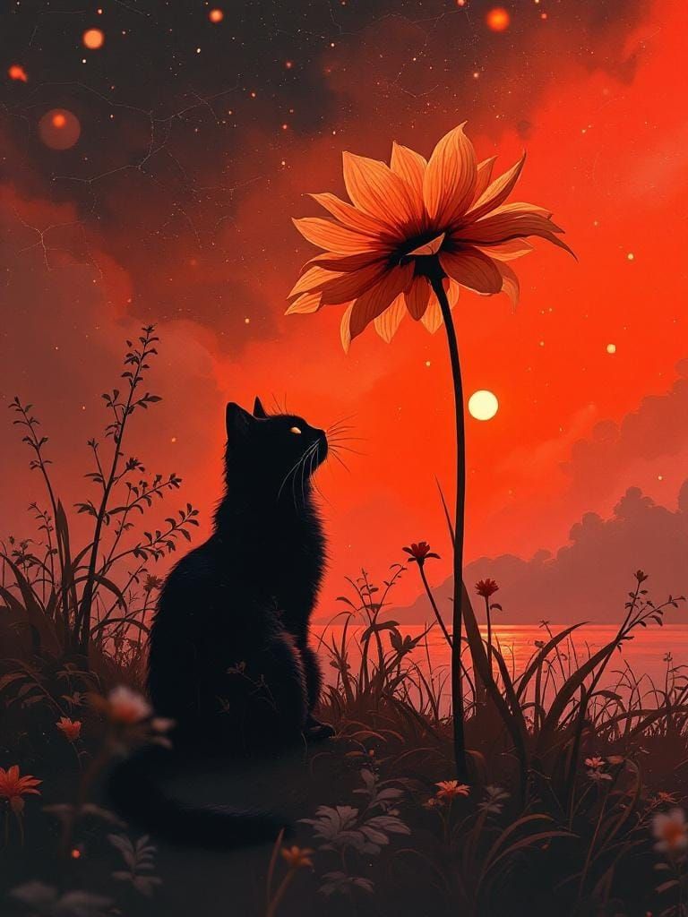 Cat Under Flower: Atmospheric Digital Painting