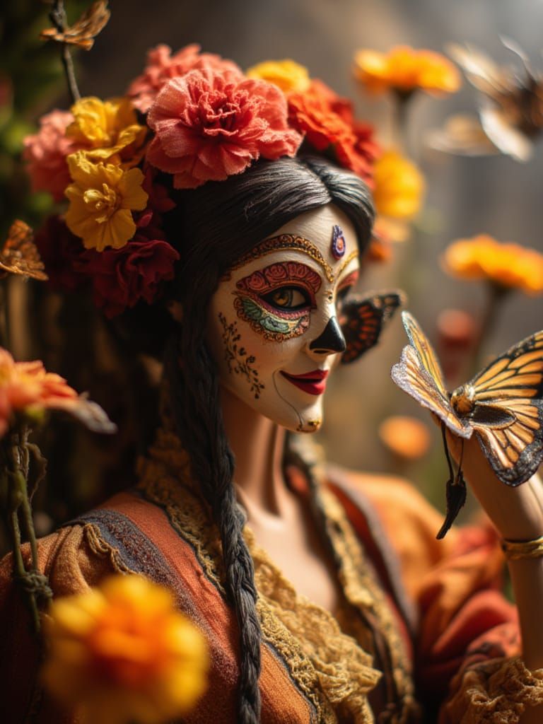 Dia de Los Muertos Woman with Butterflies in Golden Light