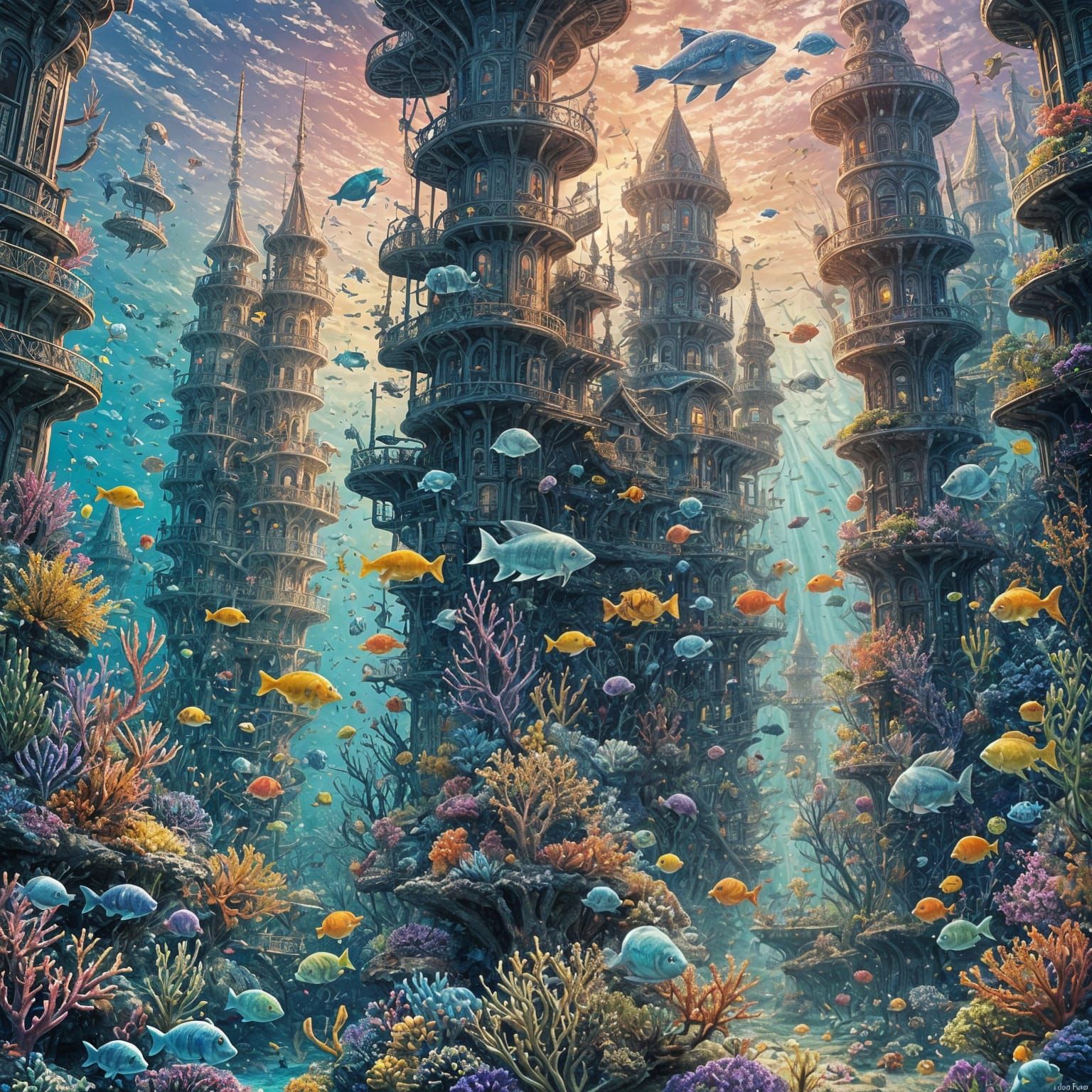 Colorful Underwater City with Deep Sea Creatures