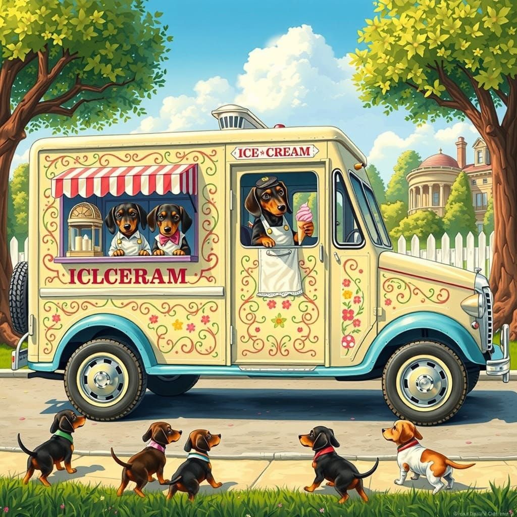 Whimsical Storybook Illustration of Dachshunds Selling Ice C...