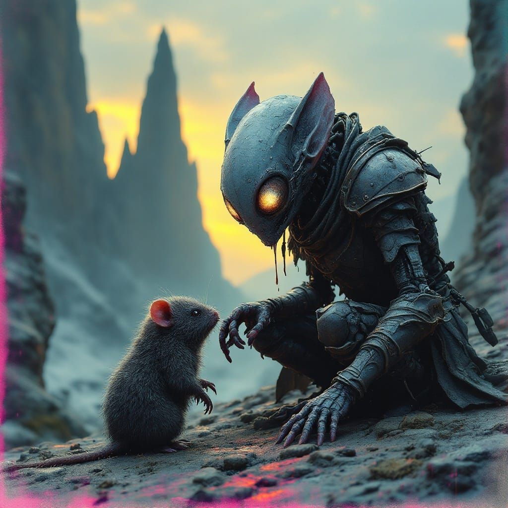 Surreal Sci-Fi Alien Knight Meets Mole in Dark Landscape