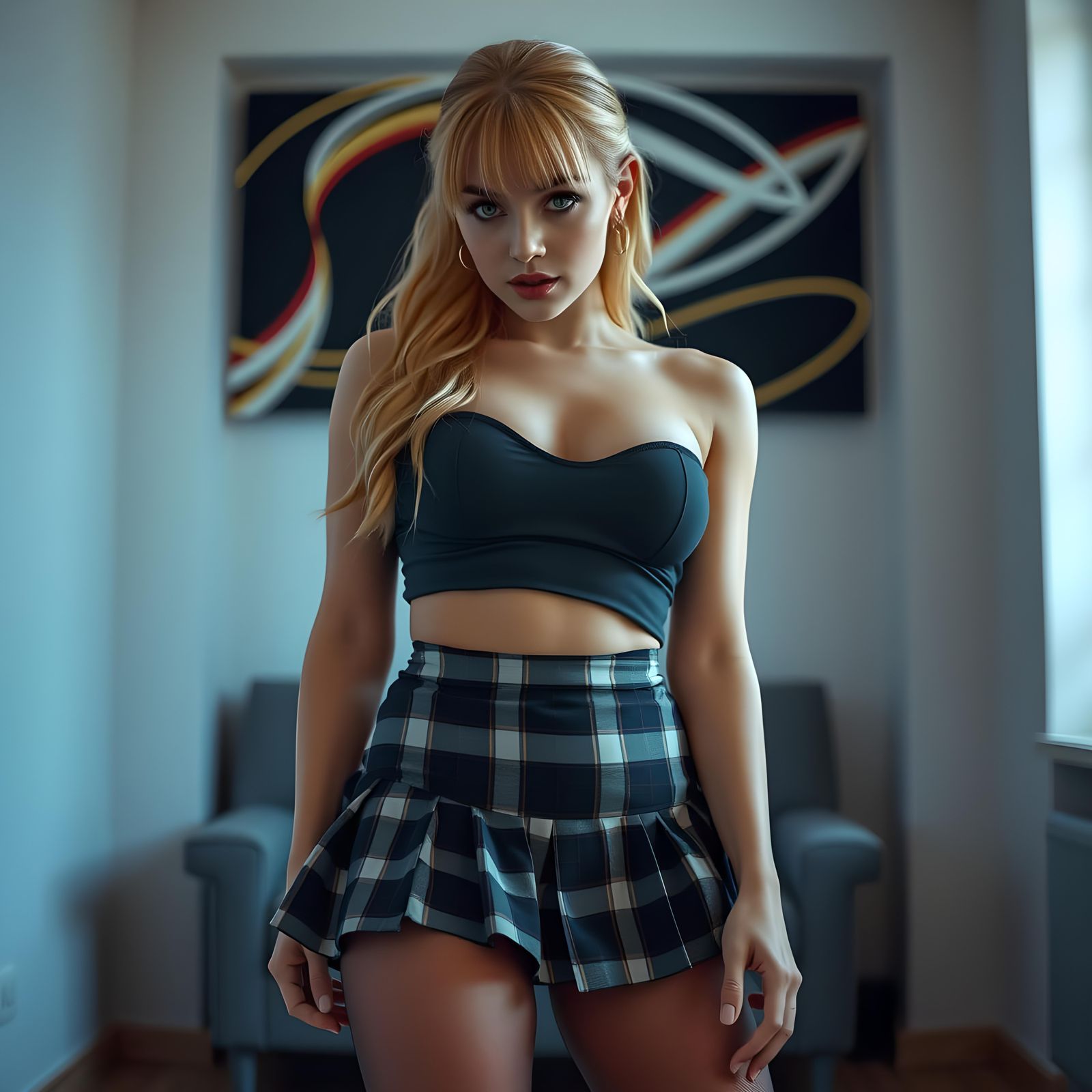 Blonde Woman with Teasing Eyes in Plaid Skirt
