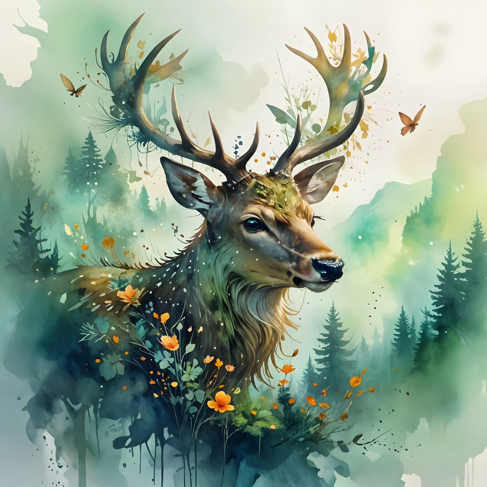 Dreamy Deer Double Exposure in Watercolor Style