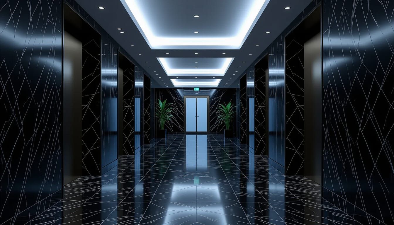 Onyx Tiled Liminal Hallway in an Office Building