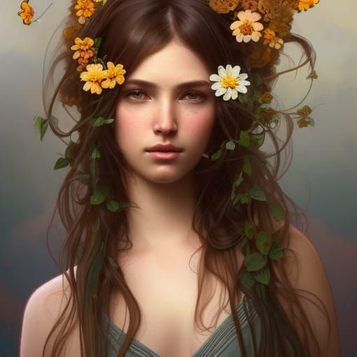 Girl with Flowers Portrait in Hyperdetailed Style