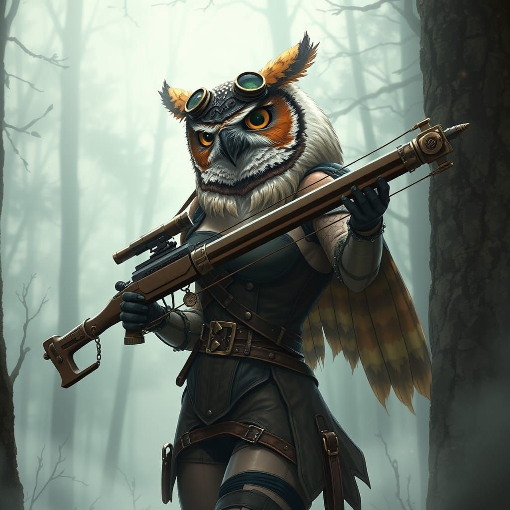 Steampunk Owl-Woman in Misty Forest, Anime Style