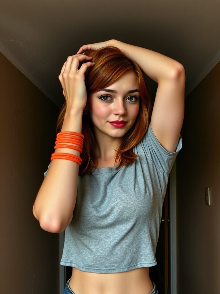 Redhead in Gray Crop Top, Illustrated Magazine Style